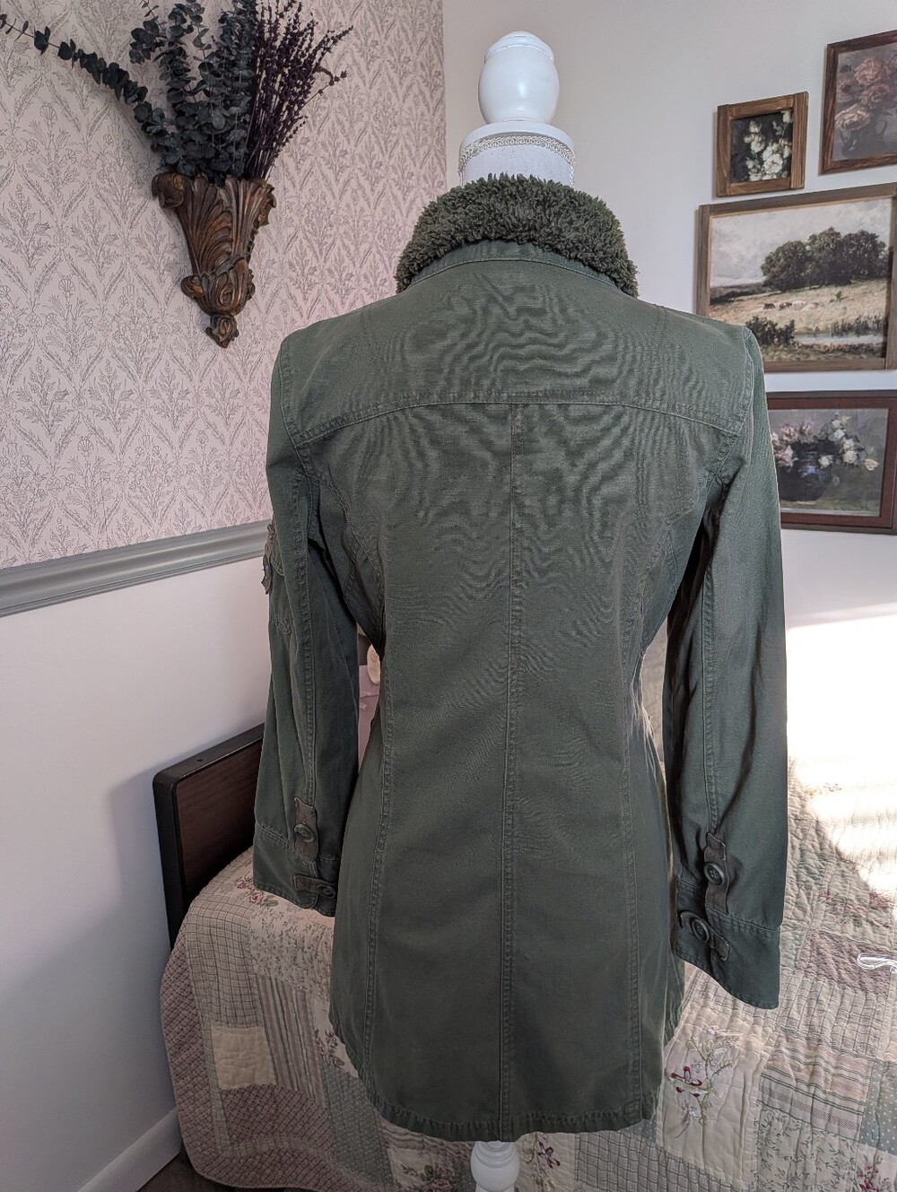 Tulle Y2K Olive Utility Jacket Sherpa Collar Military Cargo Coat L - Picture 3 of 11